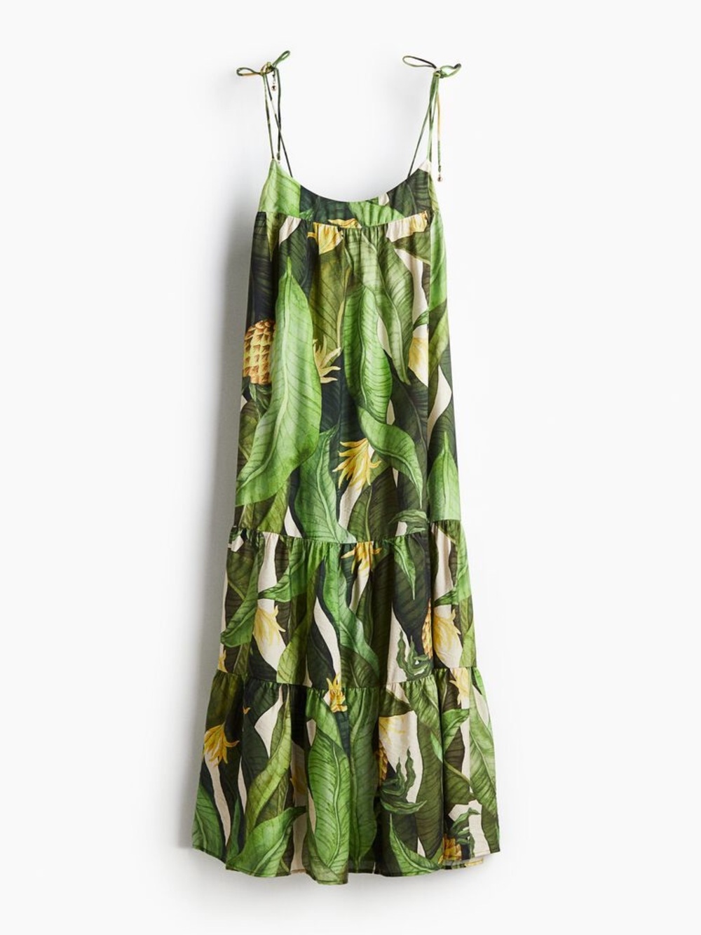 H&M Tropical Palm Print Maxi Dress Voluminous Tie Strap Resort Vacation Dress - Picture 5 of 6